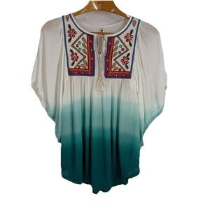 Shoreline Womens Tunic Top XL Colorful Embroidered Beachy Boho Ombre Coastal